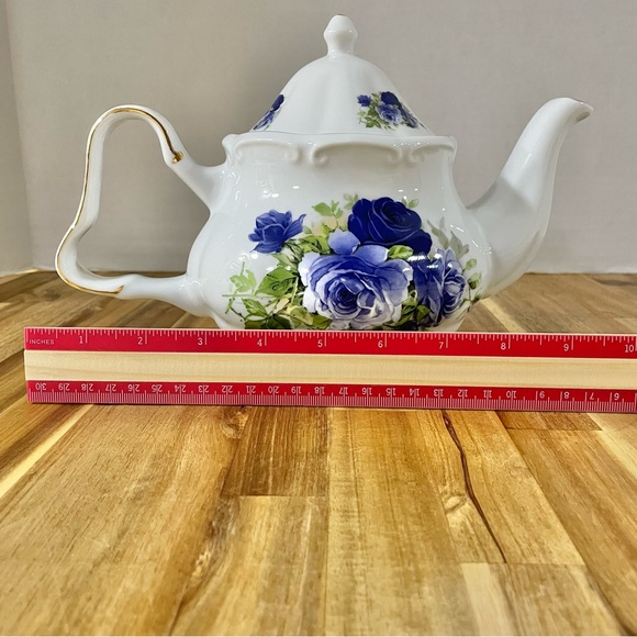 Porcelain Large Gloss White TeaPot with Dark Blue Purple Roses Gold Trim - Picture 12 of 16